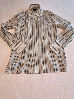 VTG EUC Simon Chang Striped Button-Front Top in White, Black & Gold